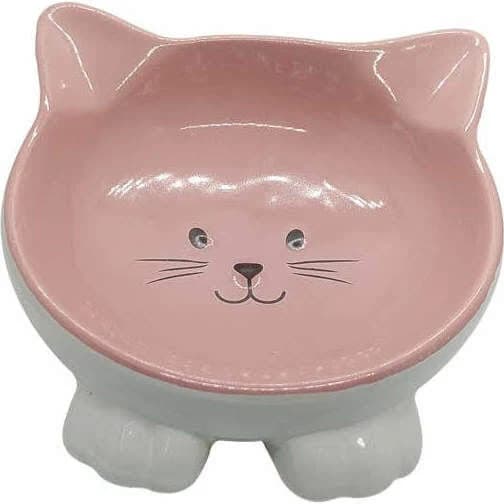 Indipets Pawsome Pottery Cat Face Non-Skid Pet Water and Food Bowl