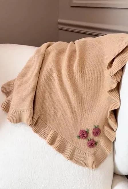 Hand-Embroidered Knit Baby Blanket: Cotton Floral Ruffle Edge