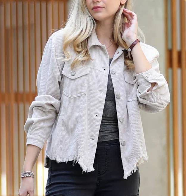 Distressed Corduroy Frayed Hem Cropped Jacket