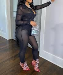 SEMATOMALA Women's Sheer Mesh Two Piece Outfits Set Long Sleeve Blouse See Through Skinny Pants Clubwear BL-S at Amazon Women's Clothing store