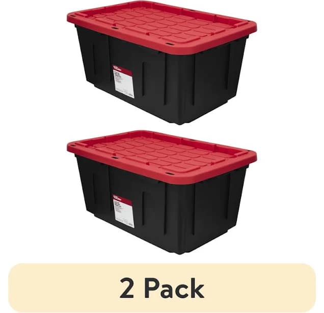 (2 pack) Hyper Tough 27 Gallon Large Storage Bin with Snap Lid, Black and Red, Heavy Duty Plastic Storage Container