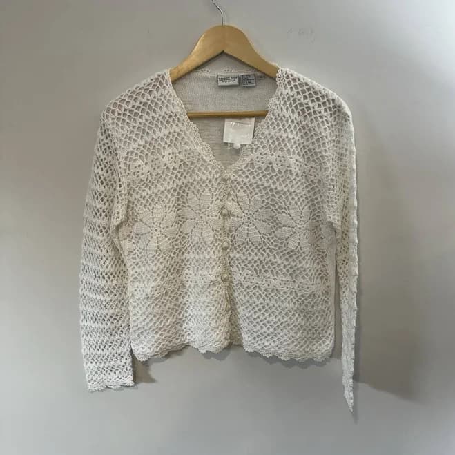 Vintage Scalloped Edging V-neck Openwork Crochet Knit Cardigan, Sz
