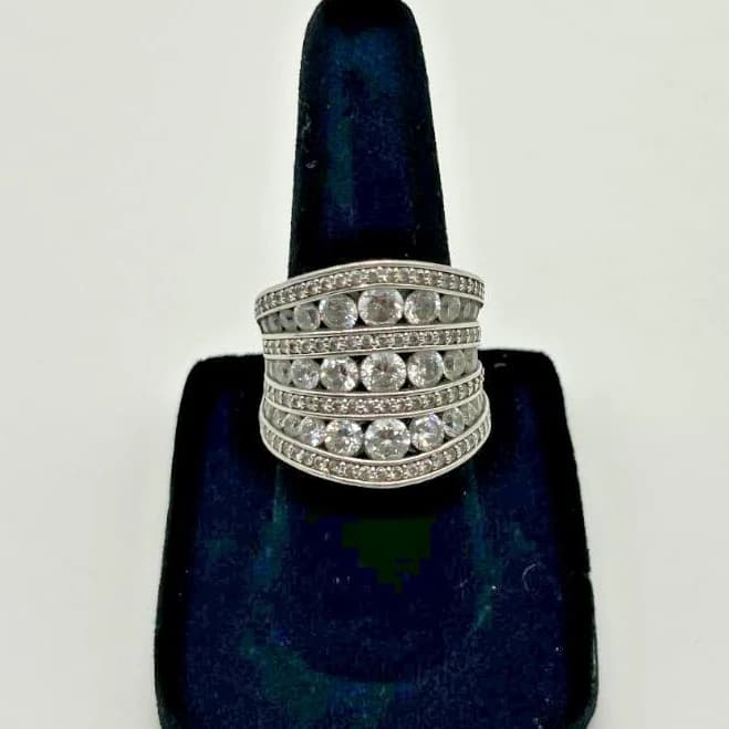 Sterling Silver Multi-row Cz Band Ring-pave Set Wide Design - Size 5