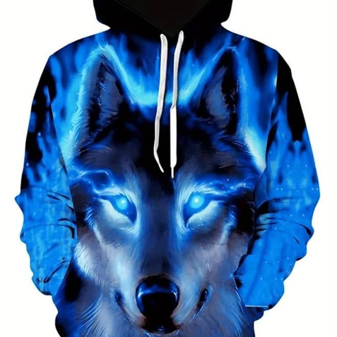 Kangaroo Men's 3D Wolf Head Flame Graphic Hooded Sweatshirt