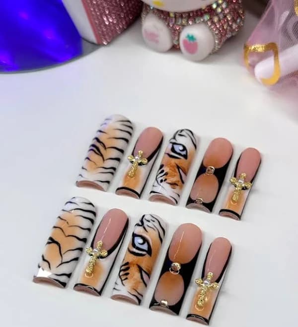Acrylic Baddie Animal Print French Tip Tiger Press On Nails