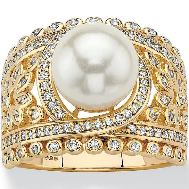 Palmbeach Jewelry Simulated Pearl and Cubic Zirconia Floral Cocktail Ring .65 TCW in Yellow Gold-Plated or Platinum-Plated Sterling Silver