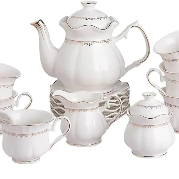 Vintage Gold-Rimmed Porcelain Tea Set, 21-Piece, Elegant White, Service for 6 with Teapot, Cups,