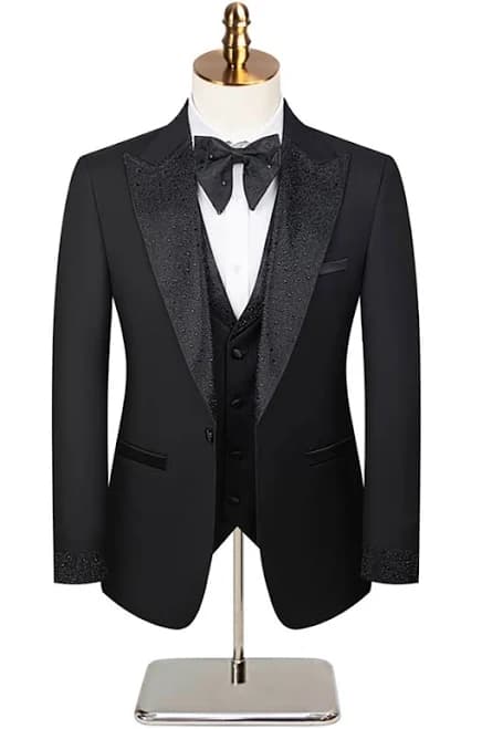 Zapaka Men's Peaked Lapel Beaded 3-Piece Suit