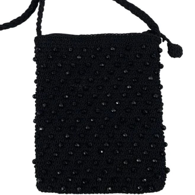 Black Crochet Crossbody Shoulder Bag With Sequins Beads Crochet Strap