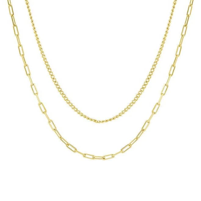 14K Gold Flash Plated Mini Curb Chain & Paperclip Chain Necklace Set
