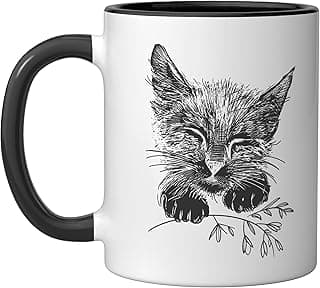 Sleeping Kitten with little twig, Cat Ceramic Mug, Black/White