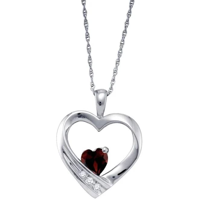 Sterling Silver Heart Garnet and Diamond Birthstone Pendant