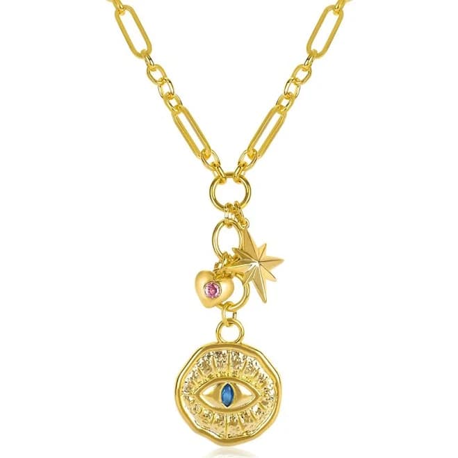 14K Gold Plated Evil Eye Conch Peace Sign Butterfly Charm Necklace
