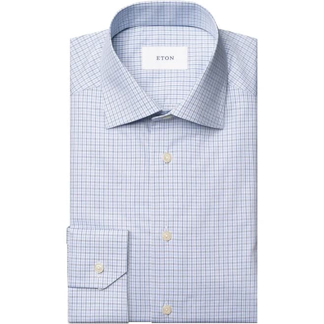 Light Blue Micro Check Cotton Twill Slim Fit Shirt - ETON Light Blue Micro Check Cotton Twill Slim Fit Shirt - ETON