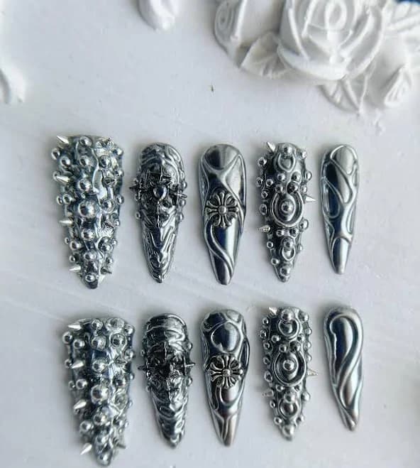 Heavy Metal Silver Chrome Press On Nails | 3D Spikes & Liquid Swirls | Cyberpunk Gothic Armor Stiletto | Y2K Grunge Handmade Set