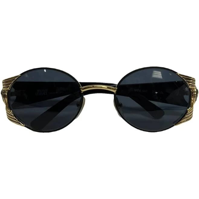 Gianni Versace Round Sunglasses Black Metal Gold Tone Medusa Detail