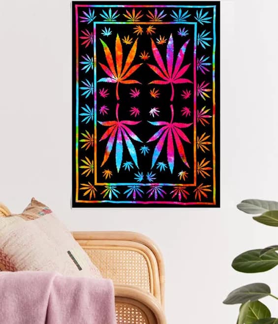 Colorful Marijuana Leaves Cotton Fabric Wall Poster Tapestry, Royal Furnish