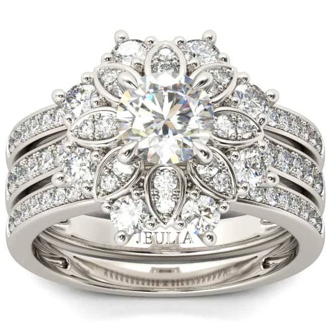 Jeulia Sterling Silver Flower Wedding Ring Set