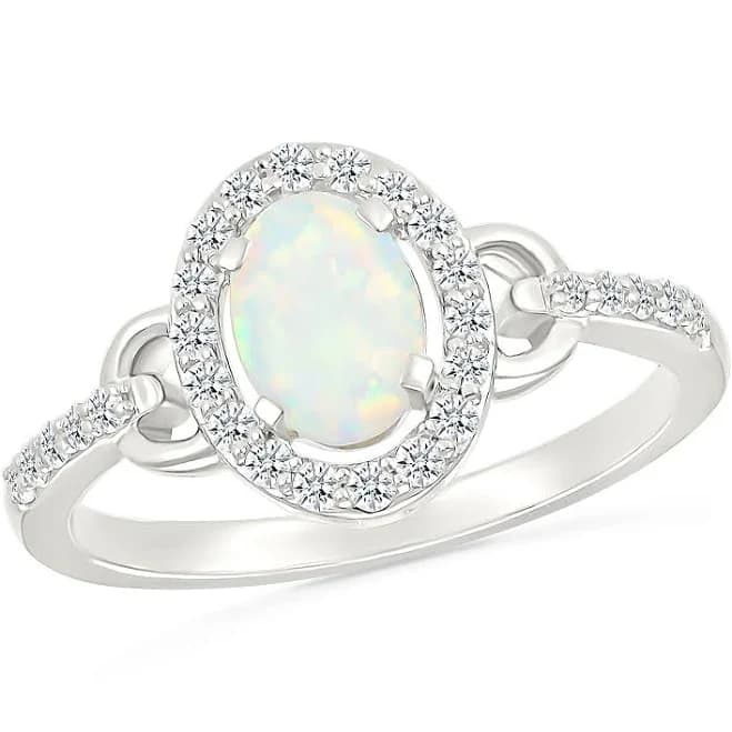 Sterling Silver Oval Created Opal Halo Promise Ring