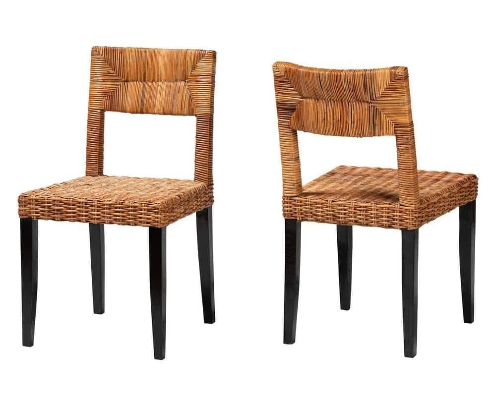 bali & pari Manrico Modern Bohemian Dark Brown Finished Wood and Natural Rattan 2-Piece Dining Chair Set