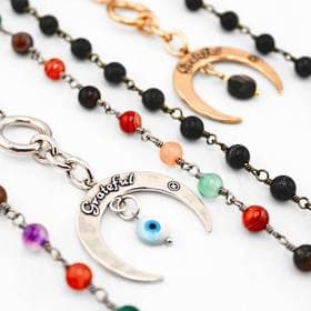 Katia Designs Women's Long Grateful Crescent Moon Rosary Chain Necklace