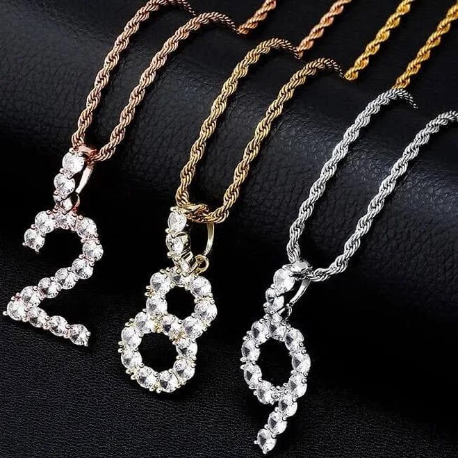 Iced Out Cubic Zirconia Numbers Initial Pendant Necklace