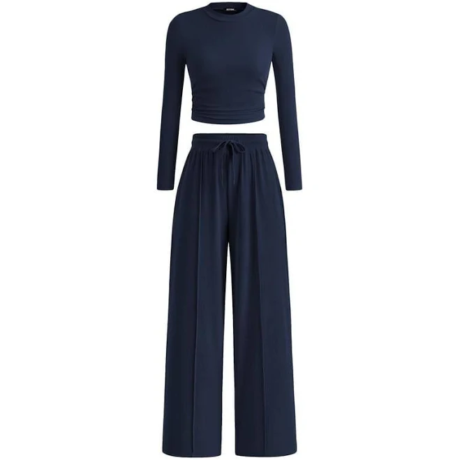 Lounge Set with Ribbed Knit Long Sleeve Crop Top and Wide Leg Pants