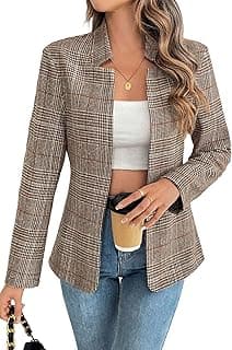 Women's Plaid Blazer Open Front Stand Collar Houndstooth Suit Boyfriends Jacket for Work Casual
