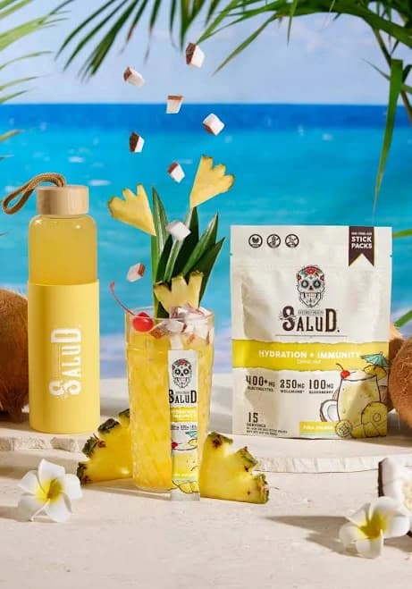 Taste Salud Hydration + Immunity, Piña Colada Bundle | Electrolyte Powder Hydration Drink + 20oz Yellow Grip Bottle