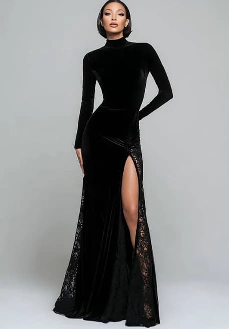Zapaka Women's Mermaid Velvet Lace High Neck Long Sleeve Dress