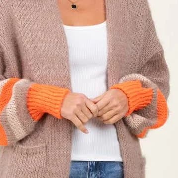 Beige Chunky Knit Stripe Detail Sweater Cardigan
