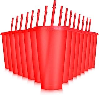 16 Pieces Reusable Cups with Lids and Straws, 24 oz Glitter Plastic Tumbler Iced Coffee Cups Travel Mug Cup for Birthday Party, Smoothie Juices Beach Party, Bachelor Party (Red)