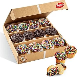 Mini Cupcakes [12 Count] Topped with Rainbow Sprinkles | Birthday Food Gifts for Your Mom, Dad, Grandkid |Fresh Vanilla Cupcakes Individually Wrapped | Kosher, Nut Free & Dairy Free | Stern’s Bakery