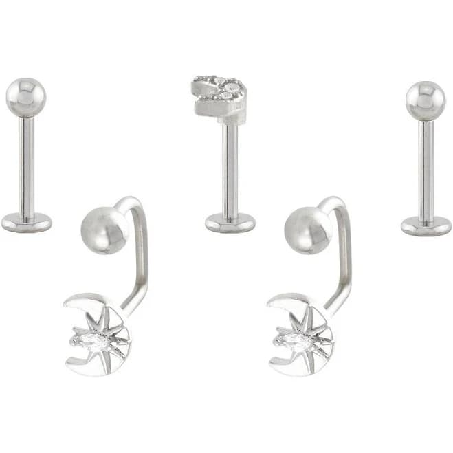 Spencer's 16 Gauge CZ Moon Labret and Lippy Loop Lip Rings (5 Pack)