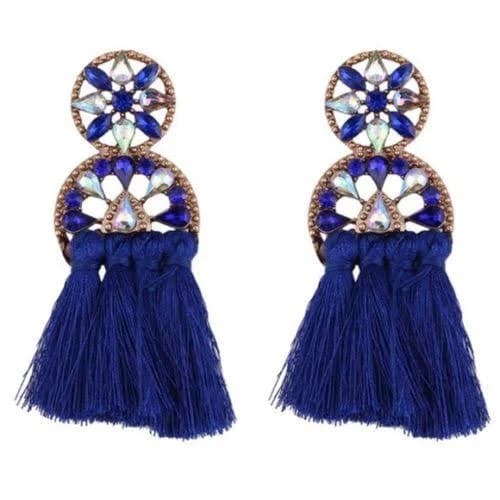 Rhinestone Royal Blue Tassel Drop Long Statement Earrings Party Prom