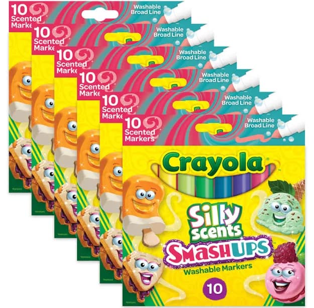 Crayola Silly Scents Smash Ups Washable Scented Markers, 60 Markers, Broad Tip, Assorted Colors, 10 Markers Per Pack, Set Of 6 Packs