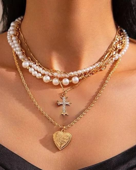 Pearl & Gold Cross & Heart Charms