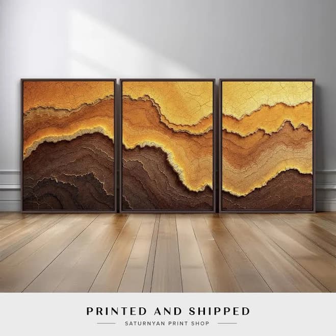 Gold Brown Earth Tone Abstract Wall Art Set of 3 | Luxury Geode Wave Triptych Canvas Prints | Modern Living Room Statement Decor