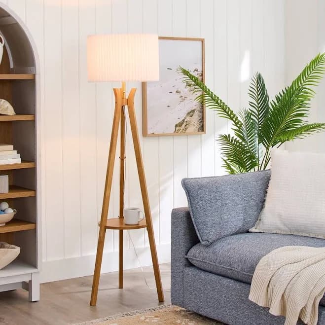 Better Homes & Gardens 63" Natural Wood Tripod Floor Lamp with Pleated Shade