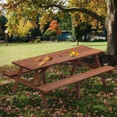 FONTOI Seating Sets 8 Person Wooden Picnic Table Set with Built-in Benches, 2220lb Capacity, Ideal for Outdoor Camping, Brown, 75"*50"*27.6"