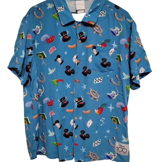 Disney Mickey Mouse Button Shirt Xl Blue All-over Print Short Sleeve
