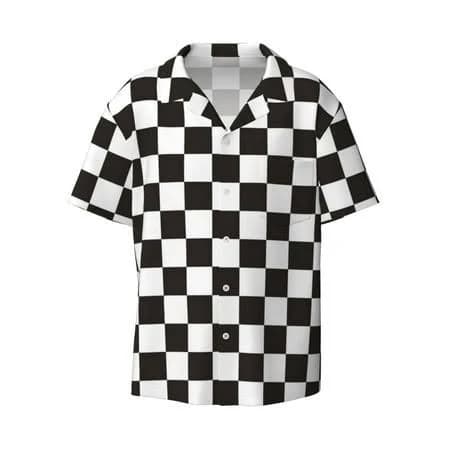 Men's Casual Checkerboard Print Short Sleeve Button Down Shirt with Pocket