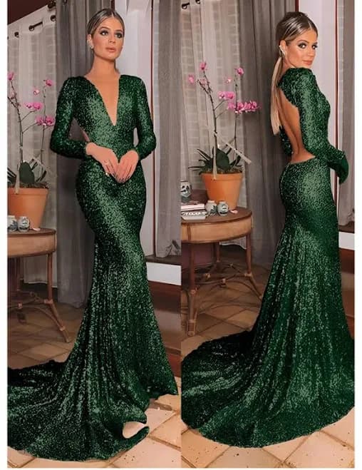 Missacc Trumpet V-Neck Long Sleeve Sequined Evening Dress with Back Hole