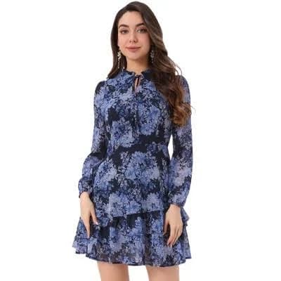 inspire chic Women's Floral V Neck Semi Sheer Layered Tiered Mini Dress