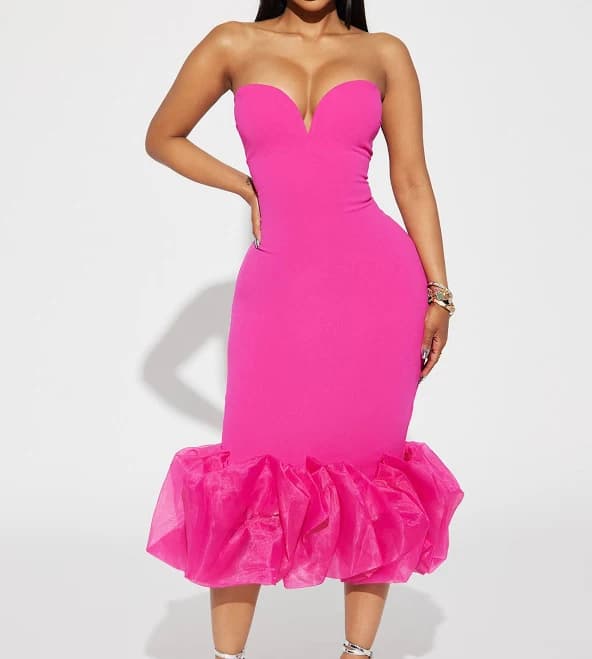 Fashion Nova Ruffle Strapless Crepe Sweetheart Monte Carlo Nights Midi Dress