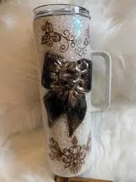 30oz. Handle Handmade Glitter Tumbler with 3D Bow Handle | Floral Vintage Epoxy Mug | Sparkly Gift for Her | Custom Artisan Drinkware