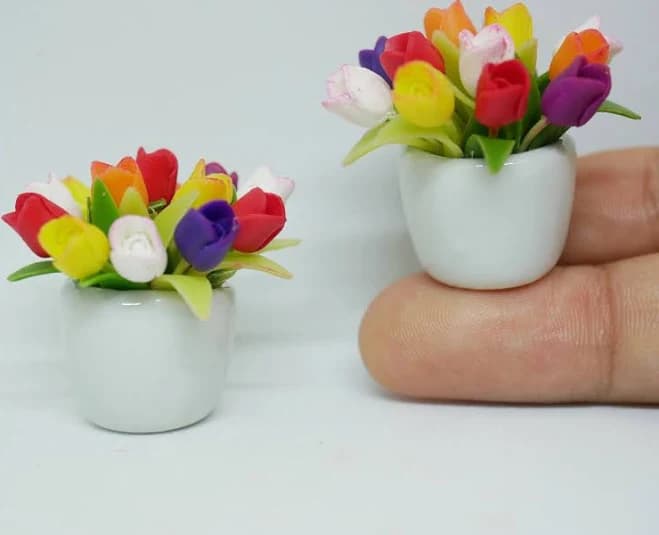 Multi Colour Tulip Flower Ceramic Vase Miniature Dollhouse Handmade