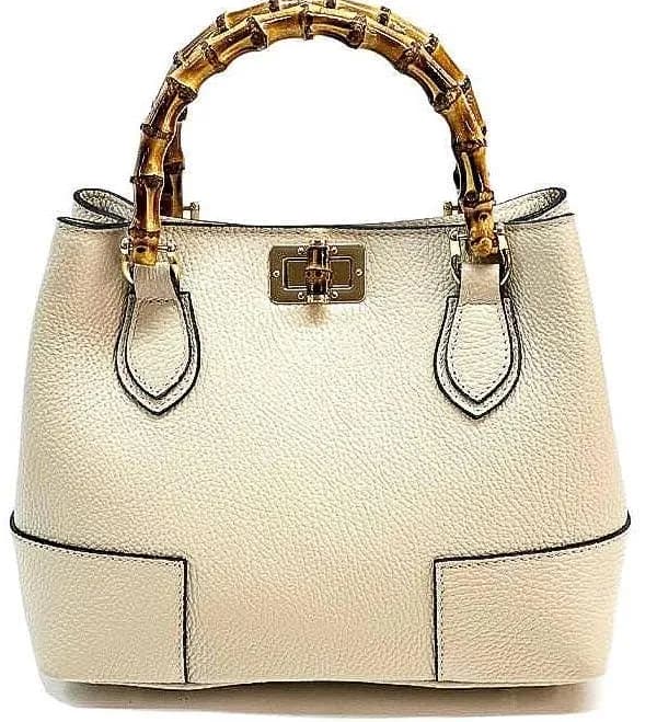 Leather Tote with Natural Bambo Handles (Small) Handcrafted in Italy,