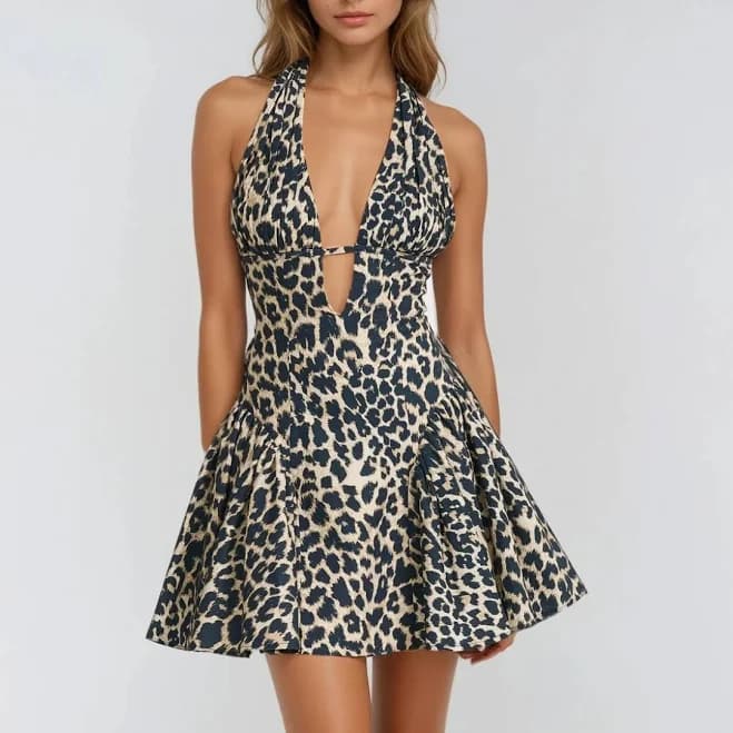 Innovare Denim Dilbert Halter Neck Leopard Mini Dress