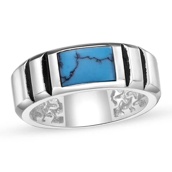Zales Rectangular Turquoise Solitaire Inlay Ribbed Shank Ring in Sterling Silver